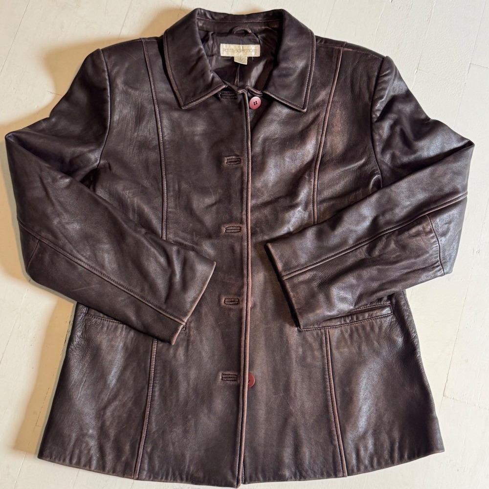 90s Vintage Brown Patina Leather Jacket Button Front Car Coat Eclectic Matrix M - Picture 2 of 9